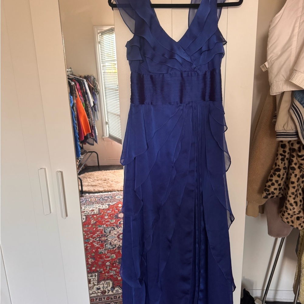 Adrianna Papell Blue Ruffled Tiered Maxi Gown